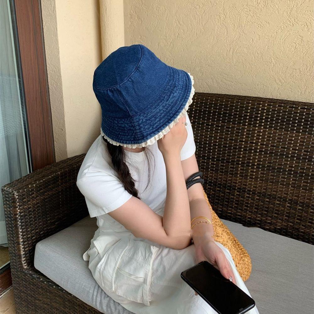 Y2K Lace Fisherman Hat Sunscreen Panama Hat Retro Denim Bucket Hat  Climbing