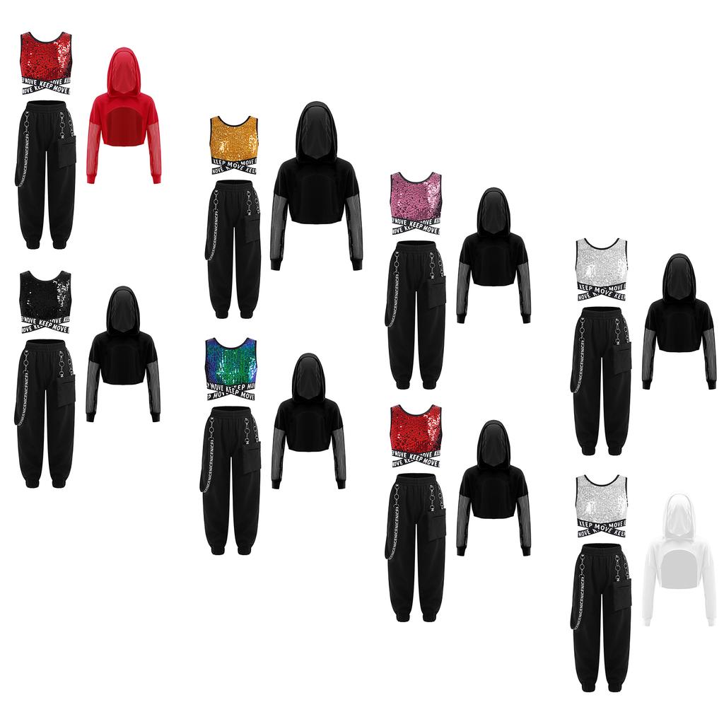 Kids Girls Street Dance Outfit 3Pcs: Sequins Criss-cross Waist Vest & Metal Chain Pocket Pants with Sheer Mesh Long Sleeve Hoodie for Performance