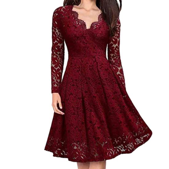 Retro Women Lace Floral V Neck Long Sleeve Tight Waist A-line Party Midi Dress