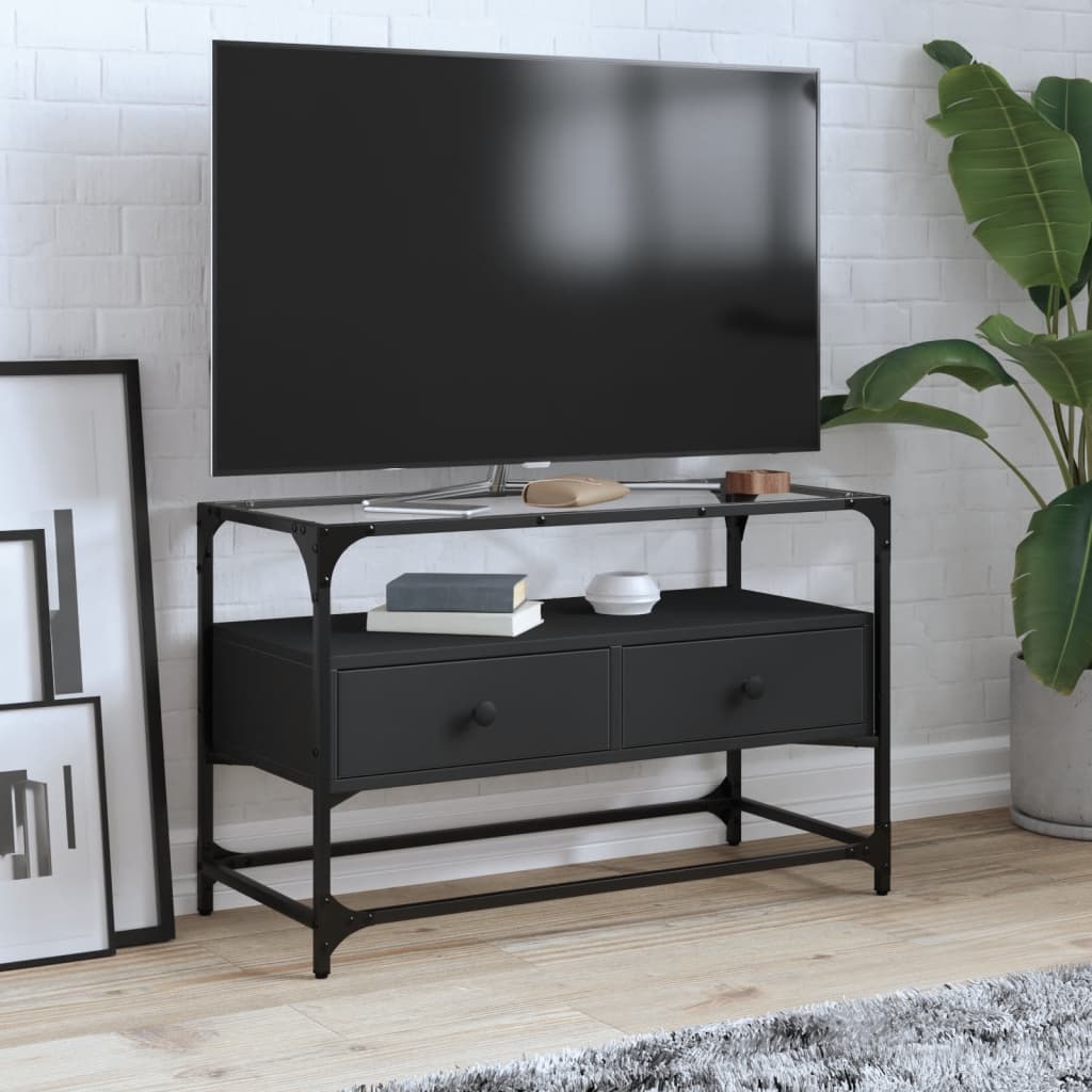 TV Stand with Glass Top Black 80 X 35 X 51 Cm Engineered Wood