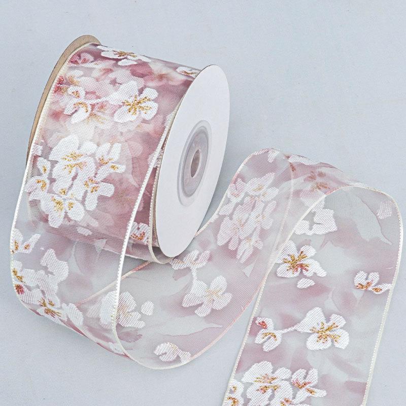 

Односторонняя цветочная лента из прозрачной пряжи с золотым краем, ручная работа, бант, аксессуары для волос, одежда, головные уборы, цветы, галстуки, поделки, изготовление лент 5cm*10 Yards