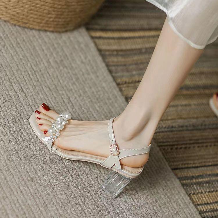 2025 Summer New Models Are Not Tired of High Heels French Women's Super Fairy Princess Style Transparent Crystal Thick Heel Sandals Tide