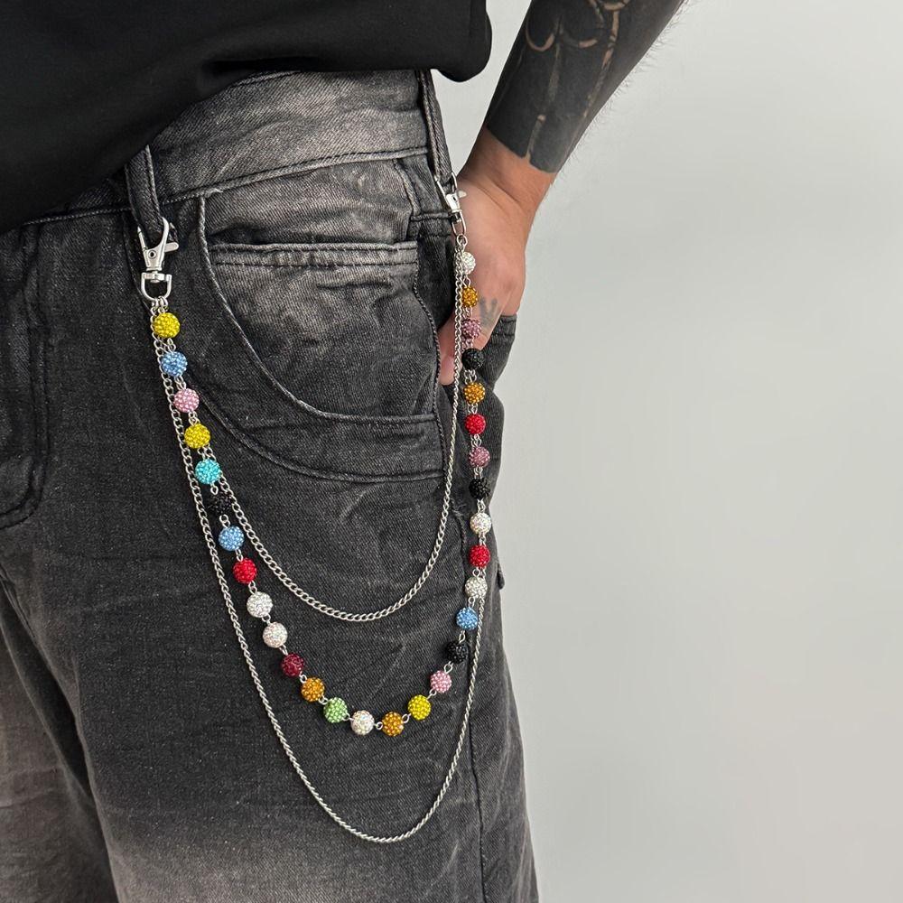 Jeans Chain Punk Belt Chain Zinc Zinc Zinc Alloy Pants Chain Colorful Rhinestone Bead Waist Chain  Female