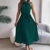 Women Elegant Stand Collar Sleeveless High Waist Pleated Solid Color Long Dress