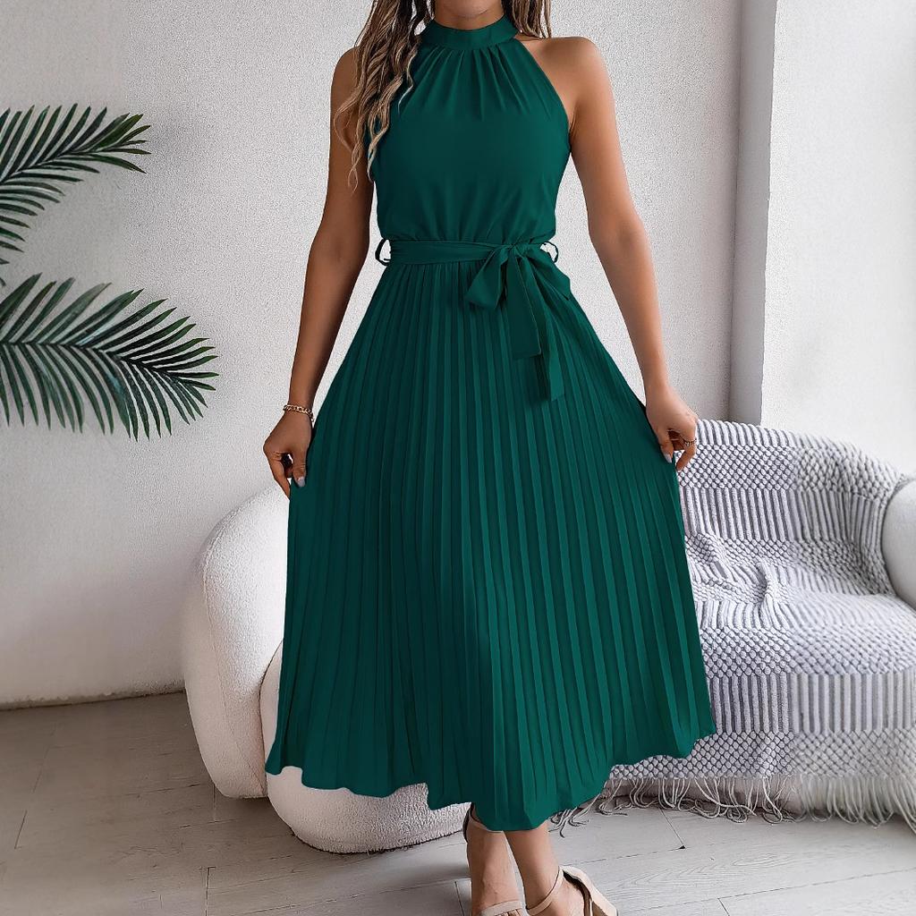 Women Elegant Stand Collar Sleeveless High Waist Pleated Solid Color Long Dress
