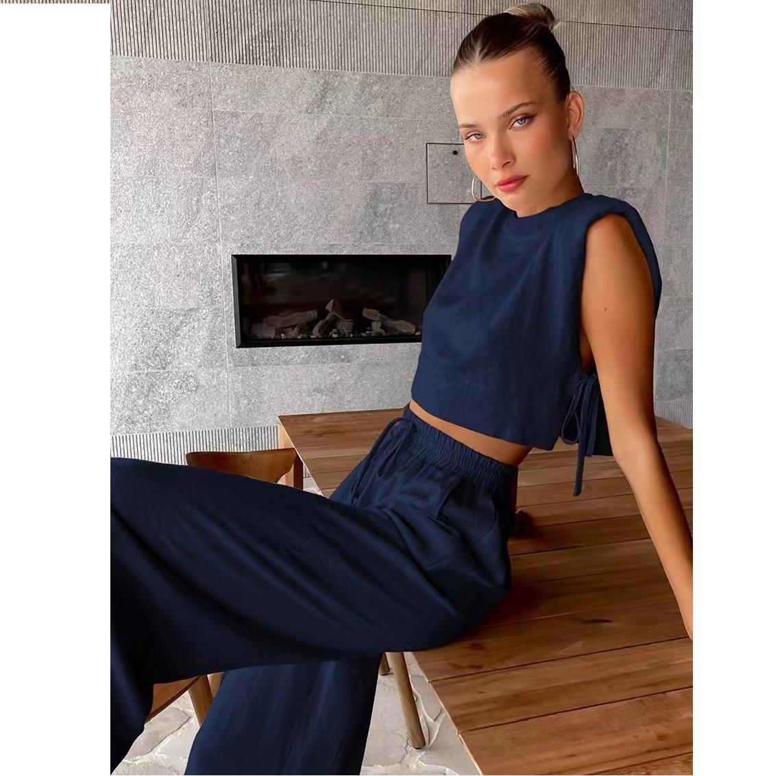 

Модный комплект из хлопка и льна с подплечниками и безрукавкой, а также широкие брюки из хлопка и льна с карманами, комплект из двух предметов для женщин S темно-синий