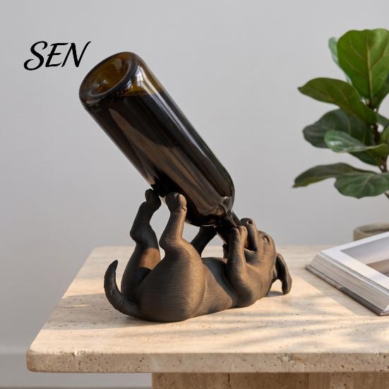 Sturdy Wine Bottle Support Lying Dog Rack, Matte Black 3D Printed Statue, Decorative Creative Animal Stand Holder for Dining Table or Bar Cabinet