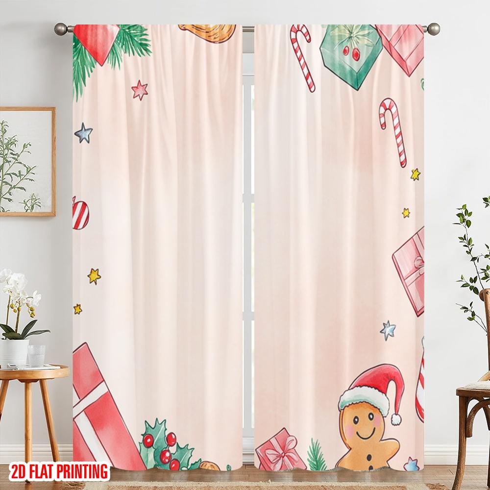 2Pcs,2D Plane Printing Minimalist Curtains Christmas Bell Presents Stocking Polyester Easy Install (Without Rod) Decorations