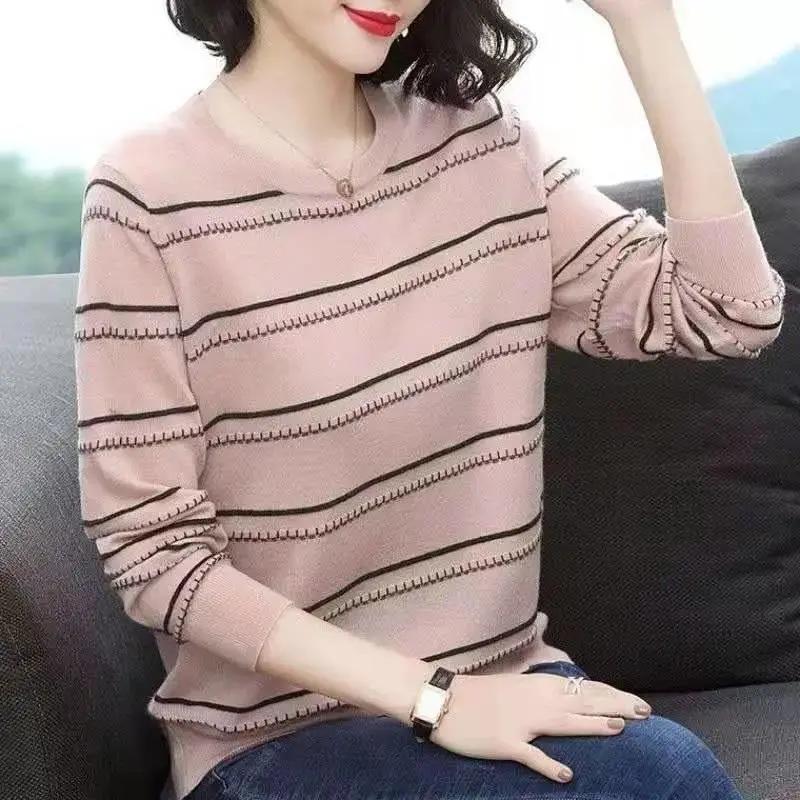 Women's Spring and Autumn Long Sleeve Knitted Shirt Loose Casual Striped Bottom Top
