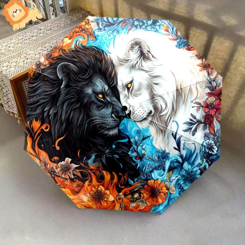 1 PC Automatic Folding Umbrella - Yin Yang Lions Pattern, Portable & Foldable Design with 8 Ribs, Christmas Birthday Gifts