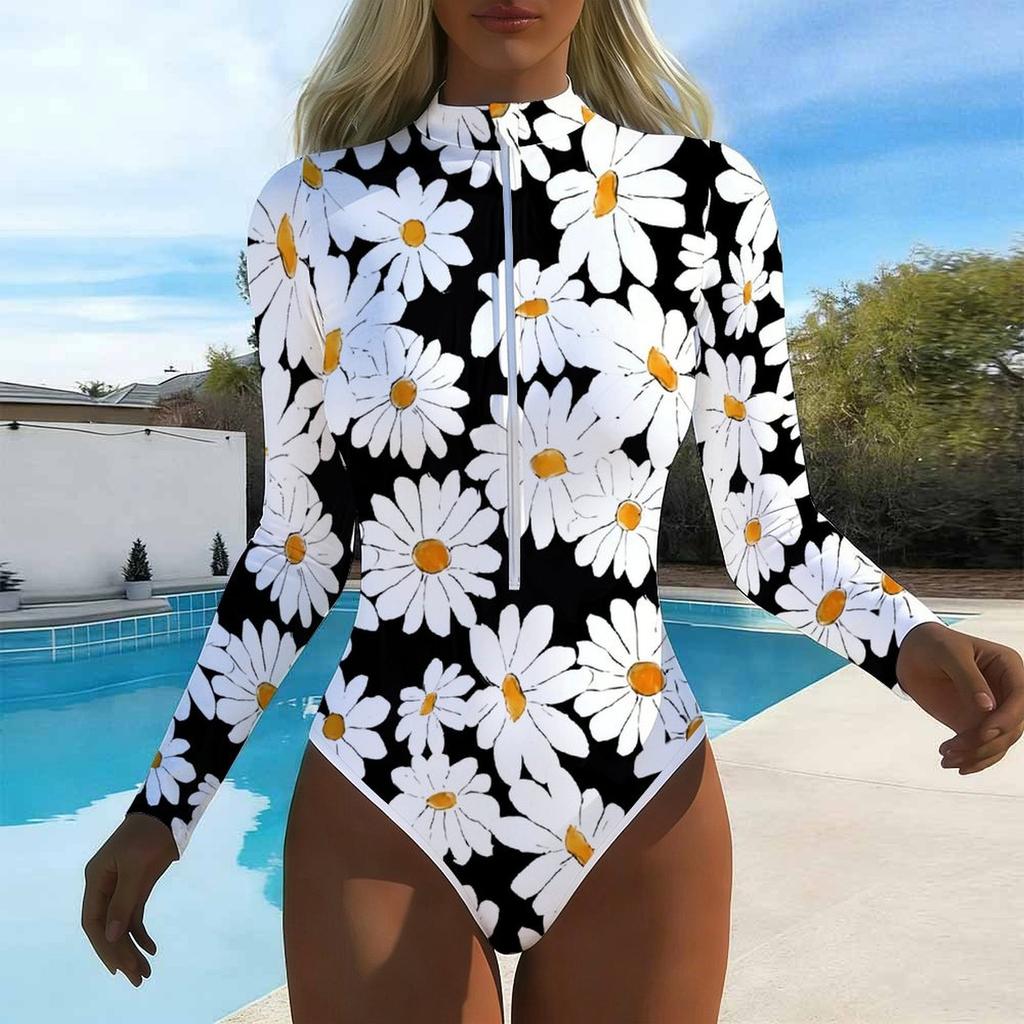 Women Long Sleeve One Piece Swimsuit Zip Front  Flower Print Rash Guard Surfing Bathing Suit