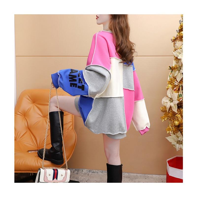 Spring Autumn Loose Casual Printing Patchwork Sweatshirt Women Round Neck Fashion All-match Pullover Top