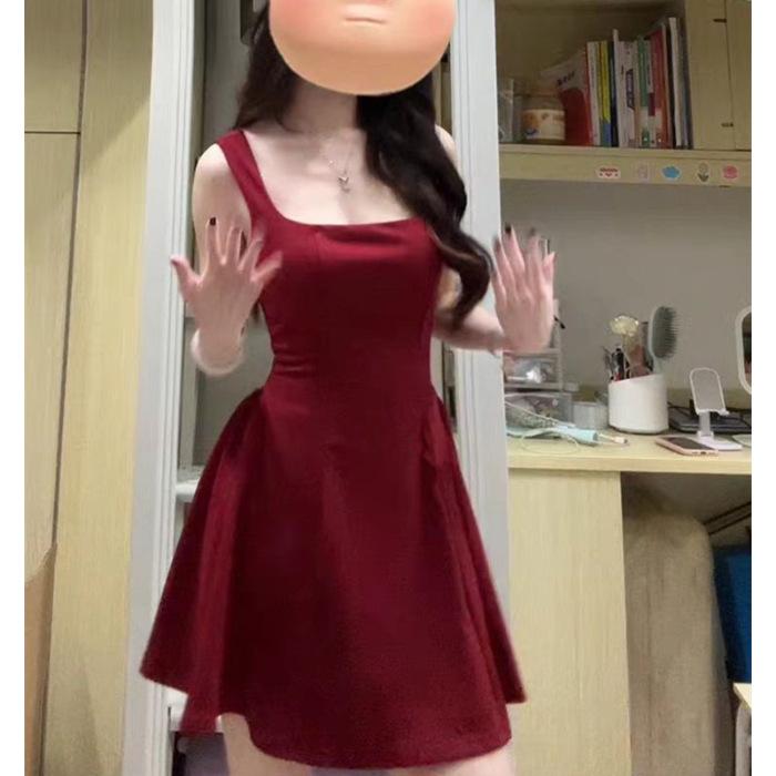 New small French red suspender dress summer women's clothing royal sister style sexy waist short skirt