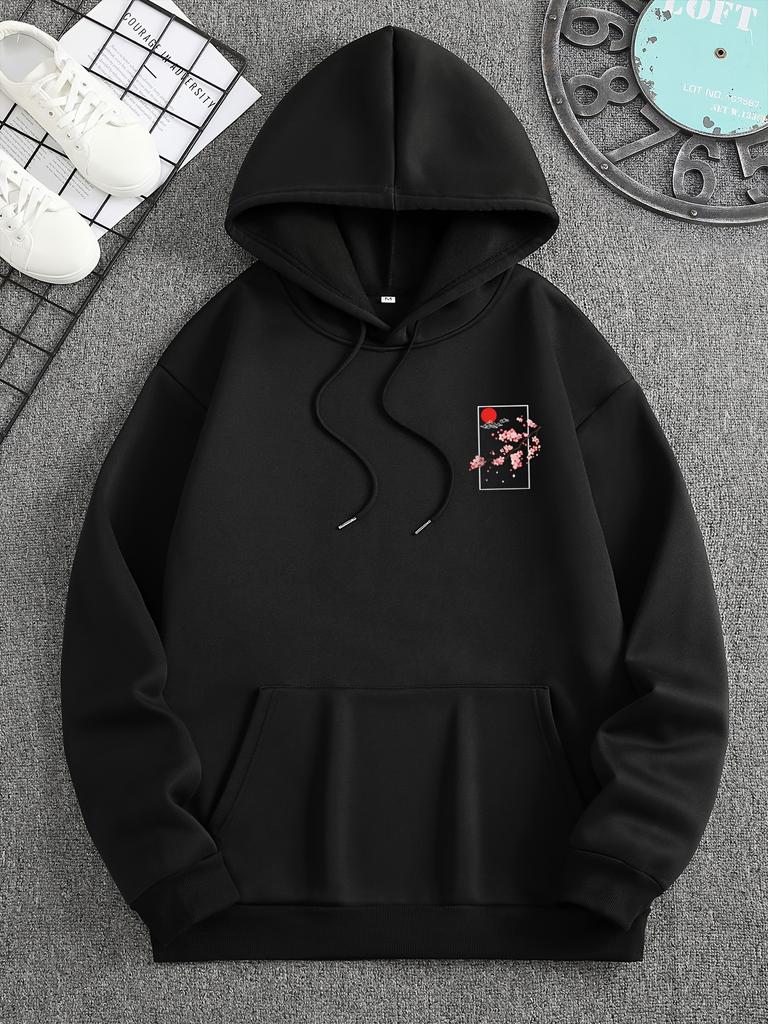 Japanese Sakura Red Sun Art Men Hip Hop Sports Hoodie, Tokyo Vertical Text Cloud Pattern Back Graphic, Soft Loose Daily Sweatshirt