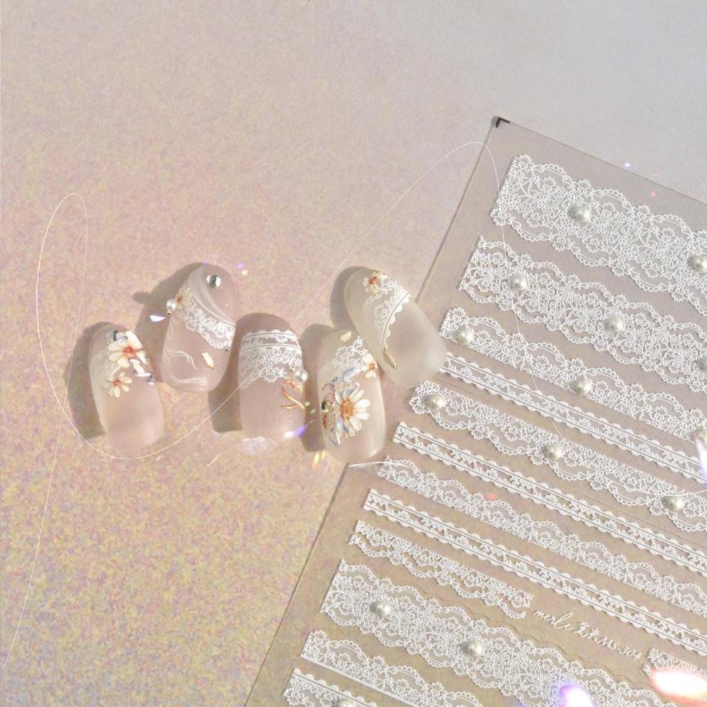 5D black and white lace stripe nail art sticker high quality comes with pearl diamond gemstone design sticker decorative sticker