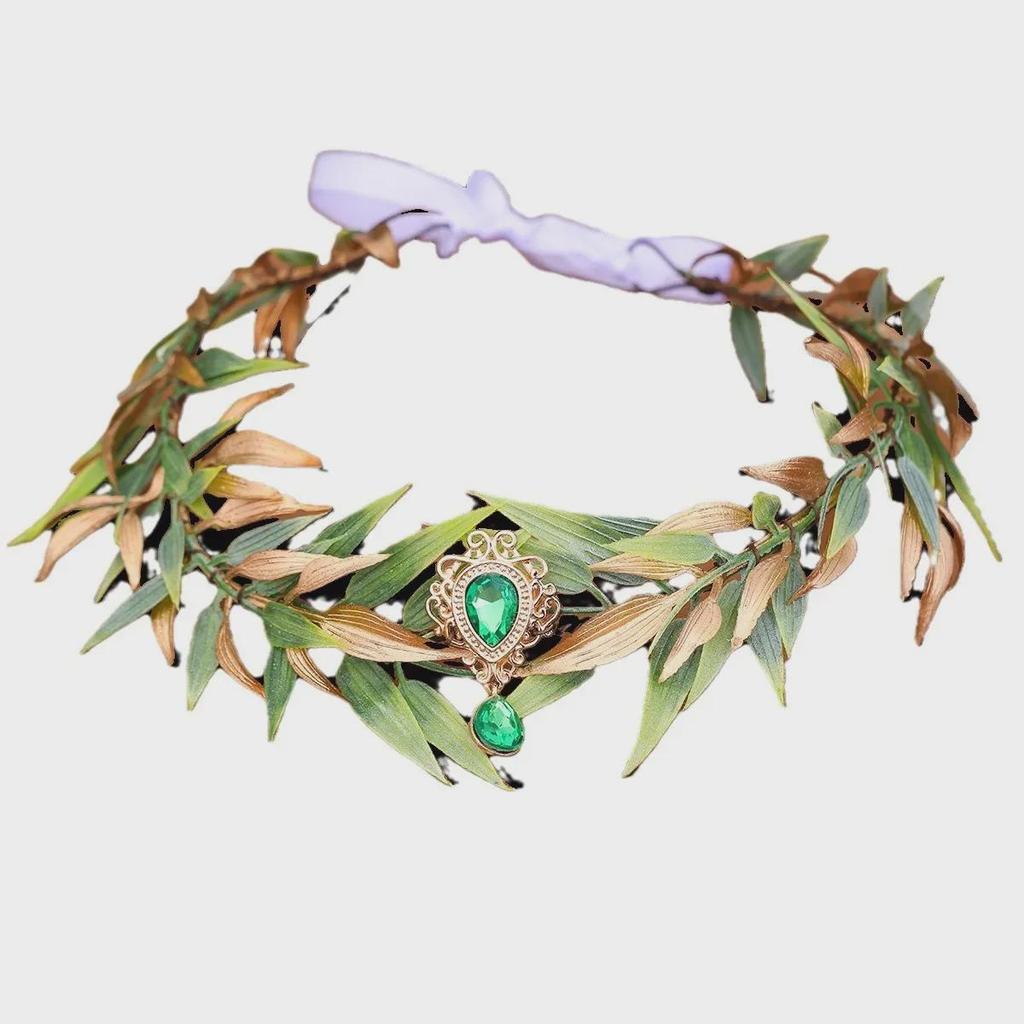 Zielony liść bambusa i złoty liść retro opaska na głowę z nakryciem głowy inspirowanym elfkami