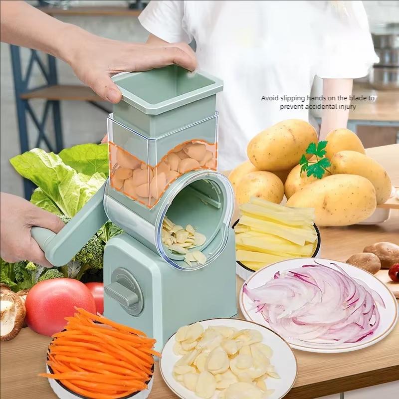 Manual Drums Vegetable Cutter with 3 Blade Multifunctional Slicer for Potato Carrot Garlic Rotary Cheese Grater Kitchen Gadgets