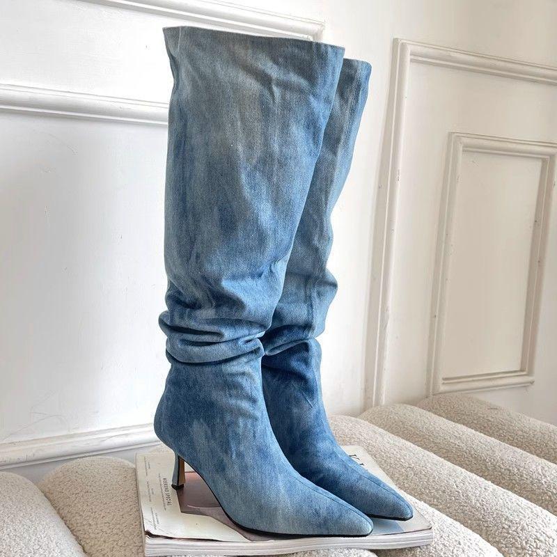 European and American style pointed high tube pleated piled boots women's 2025 autumn fine heel denim high heel knee boots