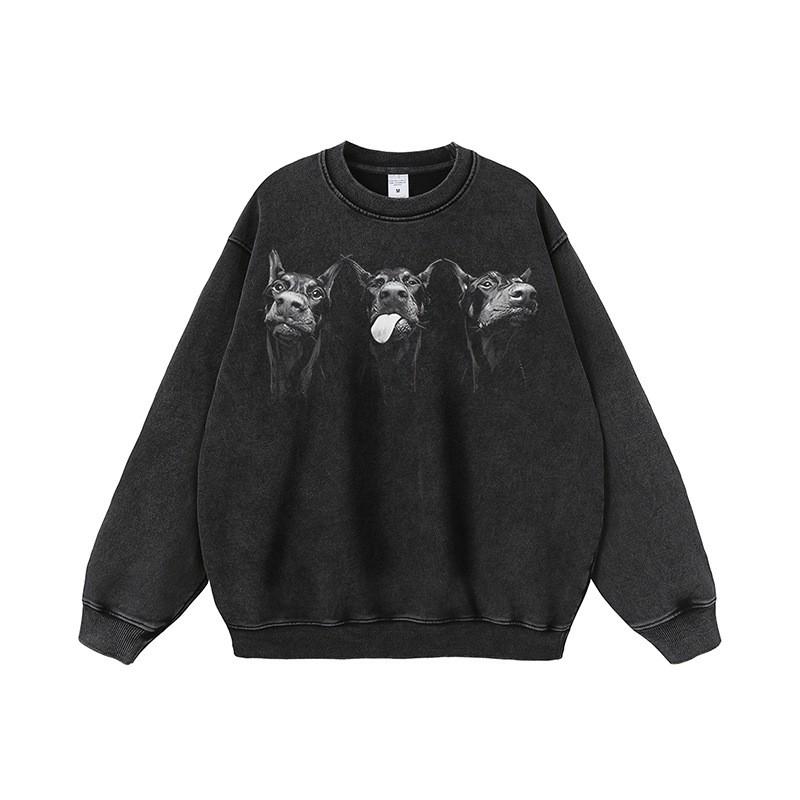 Mens Oversized Hooded Sweatshirt With Direct-to-Garment Dog Print Washed Vintage Style Cotton Long Sleeve Streetwear