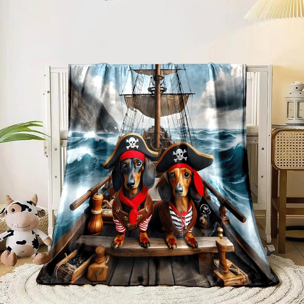 Dogs dressed as pirates on a ship surrounded by ocean waves. for all seasons blanket lunch break throw gift 80cm x 120cm