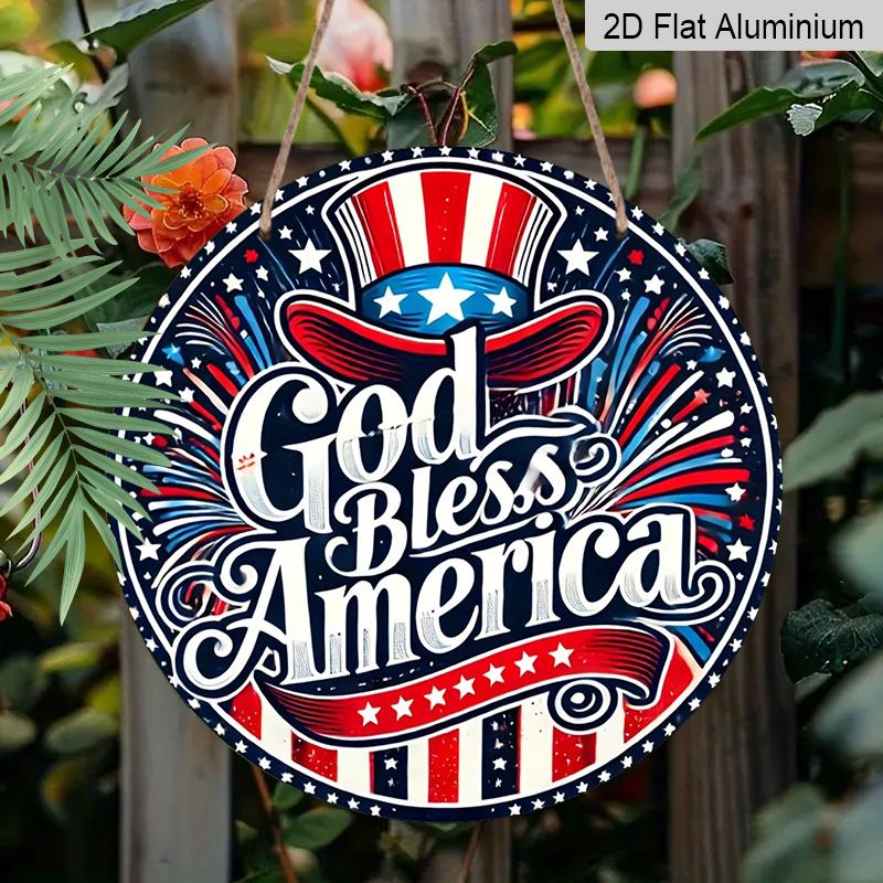 2D Flat, 1pc Round Aluminum Hanging Sign - "God Bless America" Patriotic Metal Wall Art, Uncle Sam Hat & Fireworks Design, Perfect for 4th of July