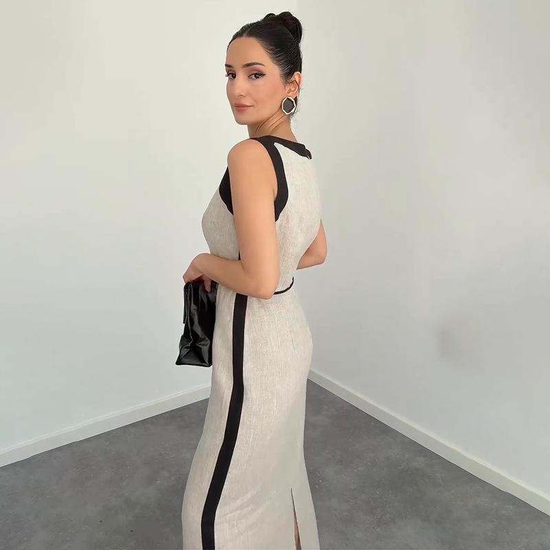 2025 Autumn Women's Colorblock Sleeveless Crew Neck Tie-Up Slit Dress