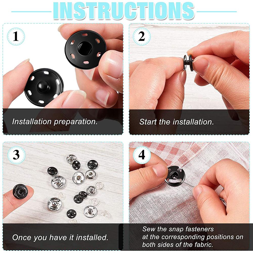 20 Sets Sew-on Snap Buttons Metal Snap Fasteners Black Silver Press Studs for Clothes Bags Sewing DIY Crafting Invisible Buttons