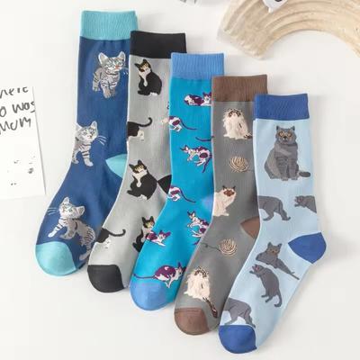 5 Pairs/Set Blue Cartoon Siamese Cat Cute Lovely Cotton Knitting Fashion Women Men Unisex Street Snap Jacquard Fancy Socks