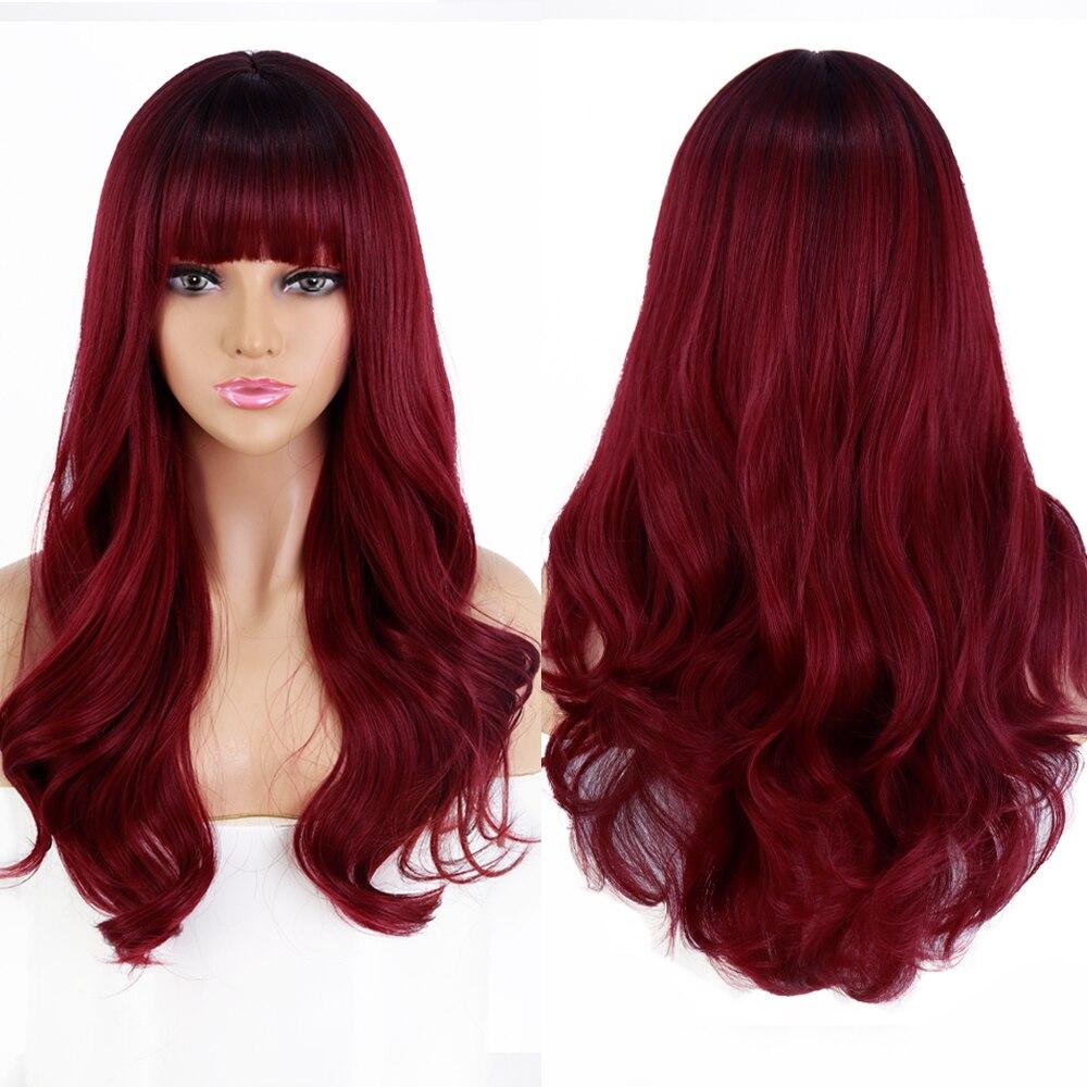 MISSQUEEN Long Wavy Hairstyle Ombre Wine Red Wig with Bangs for  Women Cosplay Lolita Synthetic Wig High Temperature Fiber