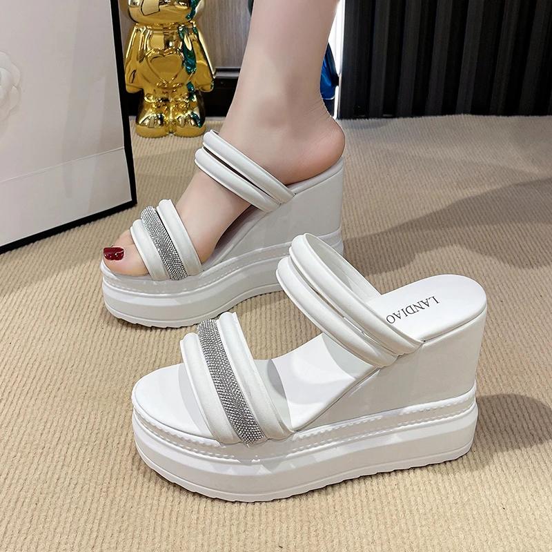 11,5 cm Sommar Peep Toe Kilsandaler För Kvinnor Mode Bling Plattforms Högklackade Casual Gladiator Skor Kvinnlig Toffelsandal