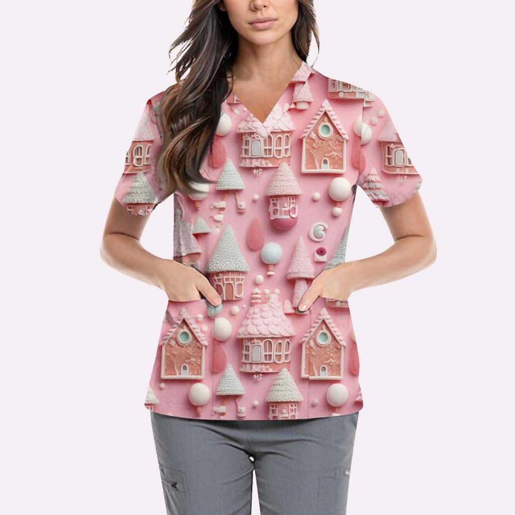 Women's Cute Printed Work Clothes V-neck Double Layer Pockets Basic Short Sleeve Top Pullover Valentines