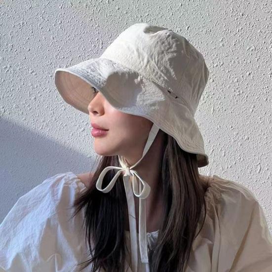 Women Fisherman Hat Lace Up Windproof Fixed Strap Wide Brim Solid Color Sunshade Anti-UV Flat Top Soft Breathable Foldable Basin Hat Lady Summer Cap