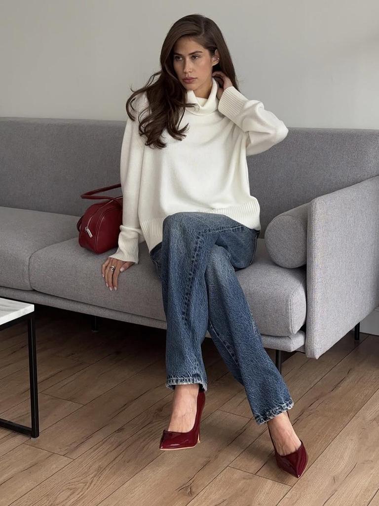 2025 Women's Autumn/Winter Solid Color High Neck Loose Knit Sweater