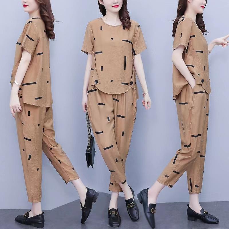 Large Size Casual Suit for Women In Summer for Fat Girls, Loose, Slim, Fashionable and Age-reducing Printed Two-piece Set for Women