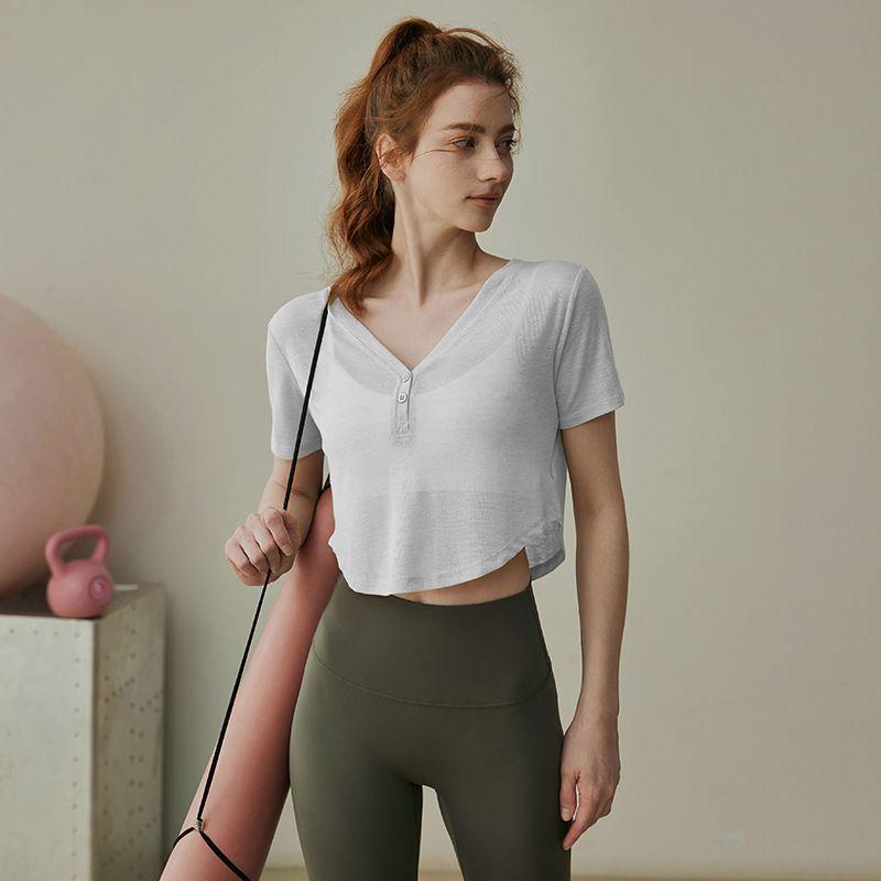 

Sports Short sleeve Women Loose Yoga Cover up Quick-Drying Breathable Thin T-shirt Slimming Pilates Fitness Short Top White S
