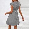 Women Summer Ruffles Fly Sleeve V Neck Striped Printed One Piece Dress