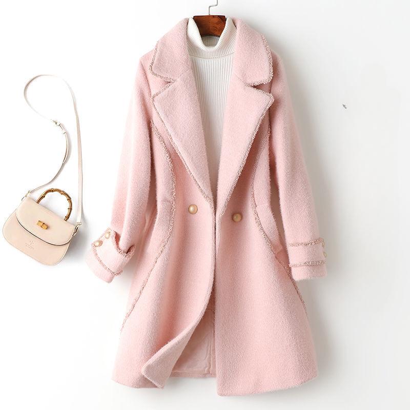 Women's  Autumn Winter  Slim Fit Woolen Coat Imitation Mink Fleece Mid Length Casual Fashion Woolen Coat Long Coat Women