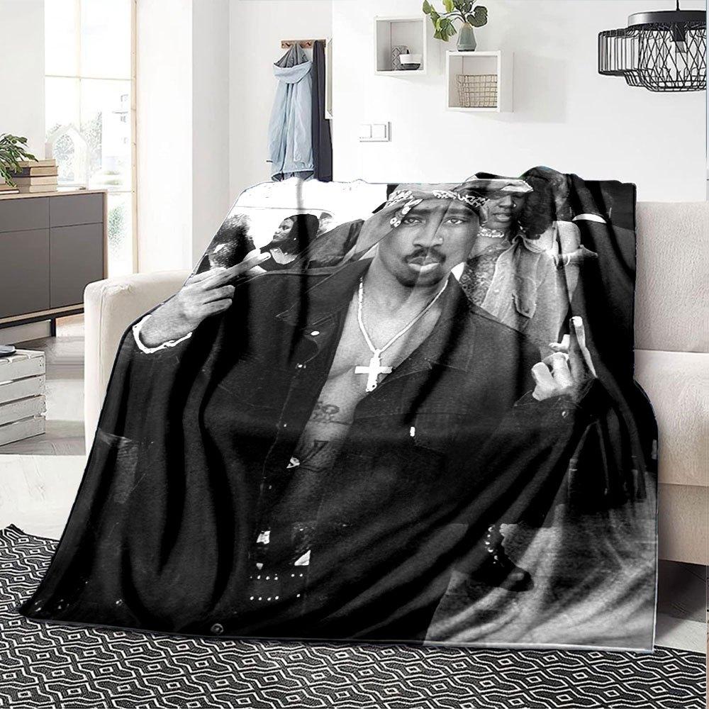 1pc 2PacHip Hop Blanket Soft Lightweight All Season Multi Purpose Throw for Sofa, Bed, Office & Picnics, French Style with Iconic Album Art & Quotes