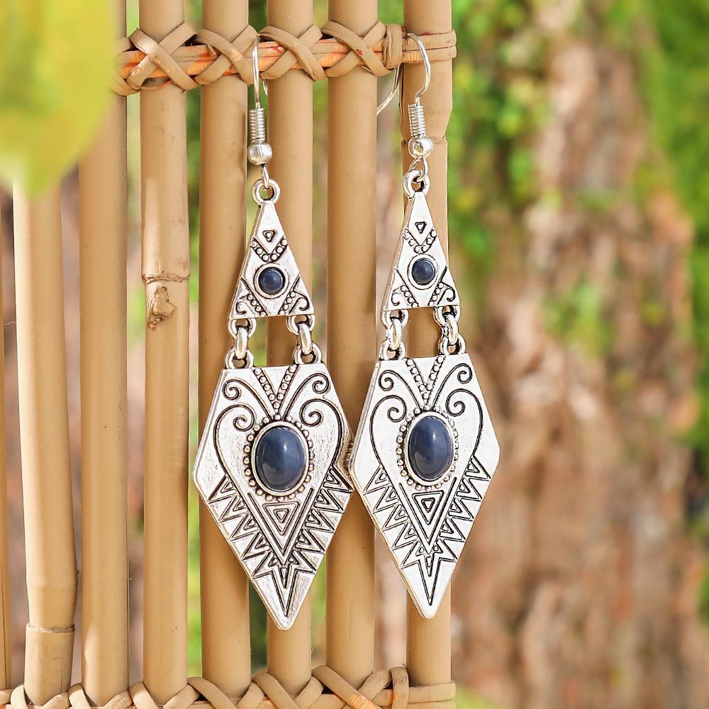 1 Pair Ethnic Style Earrings for Women Geometric Rhombus Vintage Silver Boho Accessories Daily Wear Party Decors Gifts Versatile