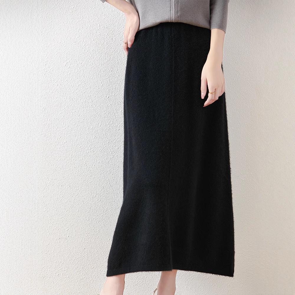 Women's High-Waisted Wool Midi Pencil Skirt - Solid Color, Autumn/Winter Versatile Knitted Design