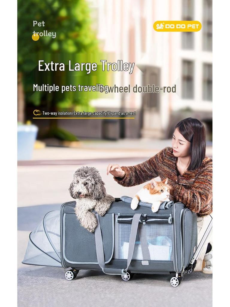 Two-Compartment Large Capacity Pet Trolley with Portable Cat Bag & Detachable Dog Bed