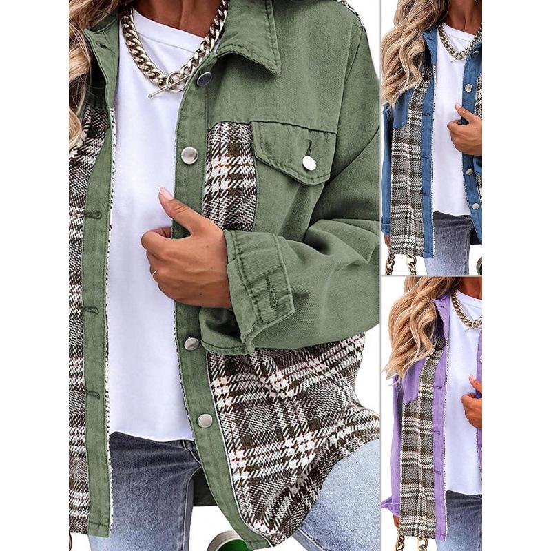 2026 European & American Style Patchwork Plaid Denim Jacket - Soft, Warm, Fashionable