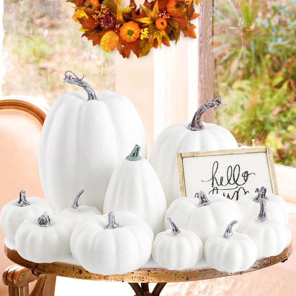 12pcs Artificial Pumpkins Set Party Decoration Simulation Props Assorted Large for Harvest Autumn Halloween Thanksgiving Fall