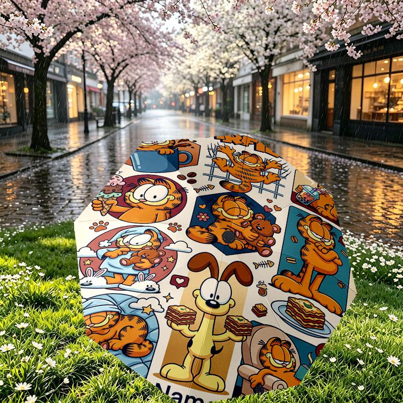 Personalisierter Garfield-Druckschirm mit individuellem Namen, Automatisches Öffnen und Schließen, Stabiler 8-Rippen-Rahmen, Für Pendeln, Camping, Wandern, Geburtstagsgeschenk