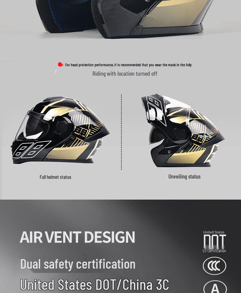 Unisex Electric Motorcycle Full Face Helmet, 3C/DOT Certified, All-Season Flip-Up Safety Helmet