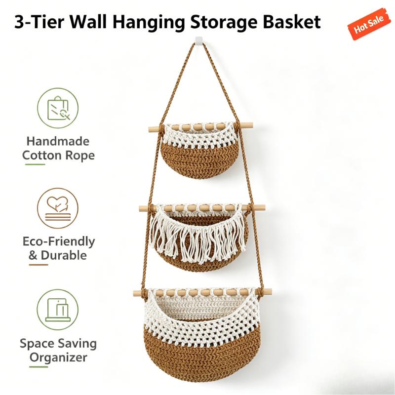 Wall Hanging Basket Cotton Rope Organizer 3 Tier Storage Bag Hand Woven Sundry Storage Door Hanging Rack Home Bedroom Decor