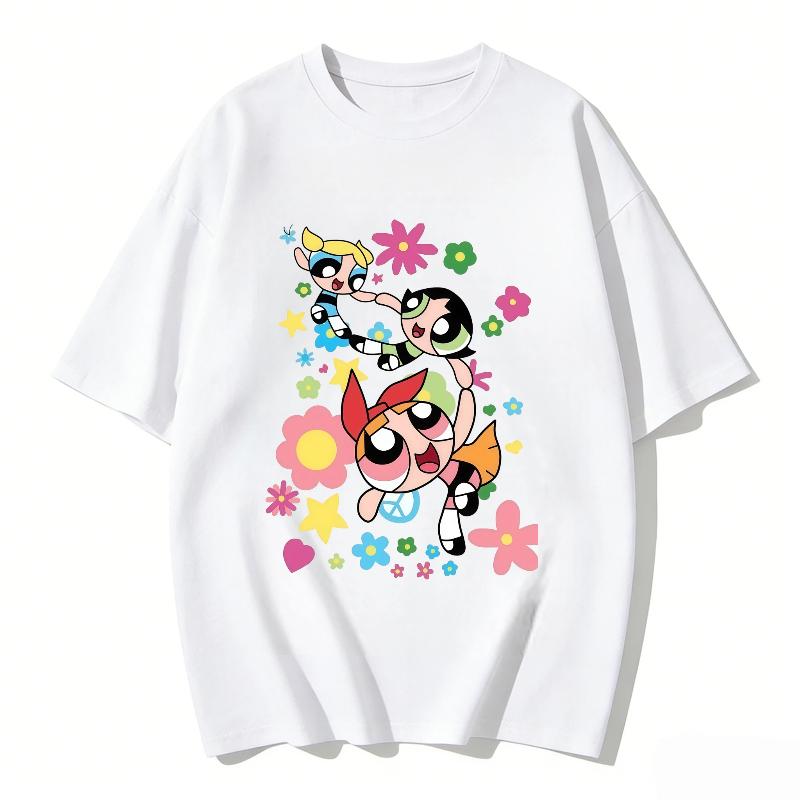 

2026 Summer Cute Powerpuff Girls Family Matching T Shirts Cartoon Print Cotton Tees Casual Short Sleeve Tops for Kids and Adults 130 белый