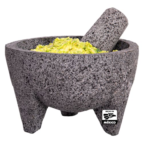 Molcajete 8-tommer, håndlaget i Mexico med naturlig vulkansk stein, et håndverksmessig kjøkkenredskap. Finkverner for kverning. Spesialdesignet for