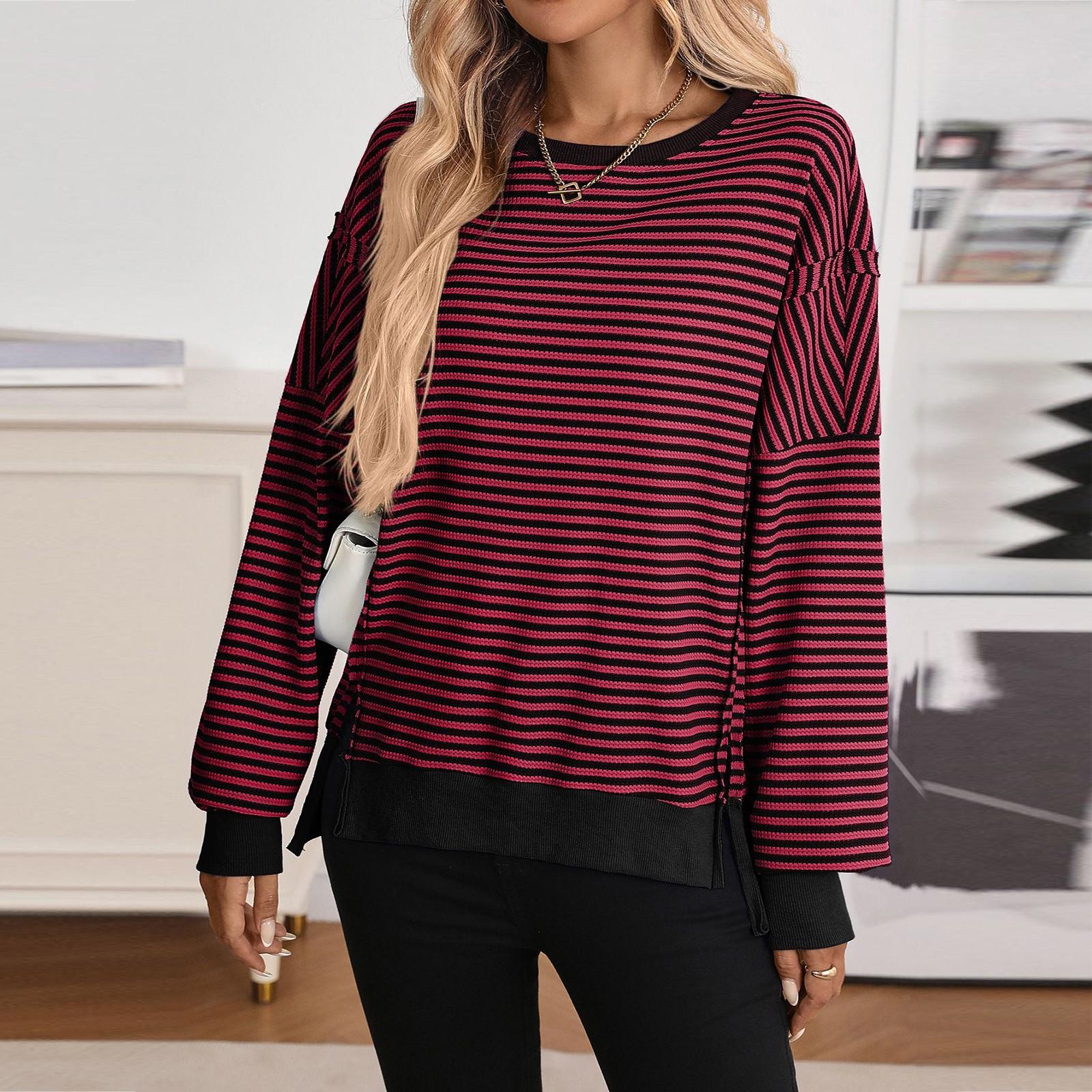 

Women s Long-sleeved Round-neck Striped Round-neck Versatile Casual Loose Sweatshirt XL красный