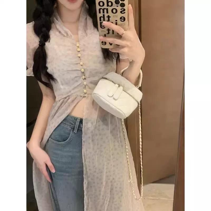 Summer Vintage Long Shirts Women Gentle Printed Thin Leisure Sweet Halter Puff Sleeve Aesthetic Breathable